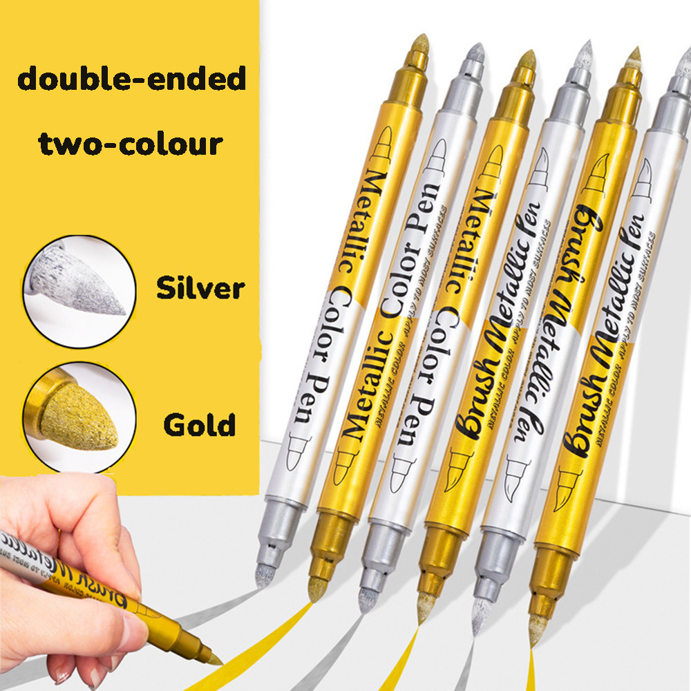Dual Head Two Toned Metals Marker ปากกาเซรามิคแก้วกระดาษสีดําภาพวาด Doodling DIY สมุดอัลบั้มเครื่องเขียน