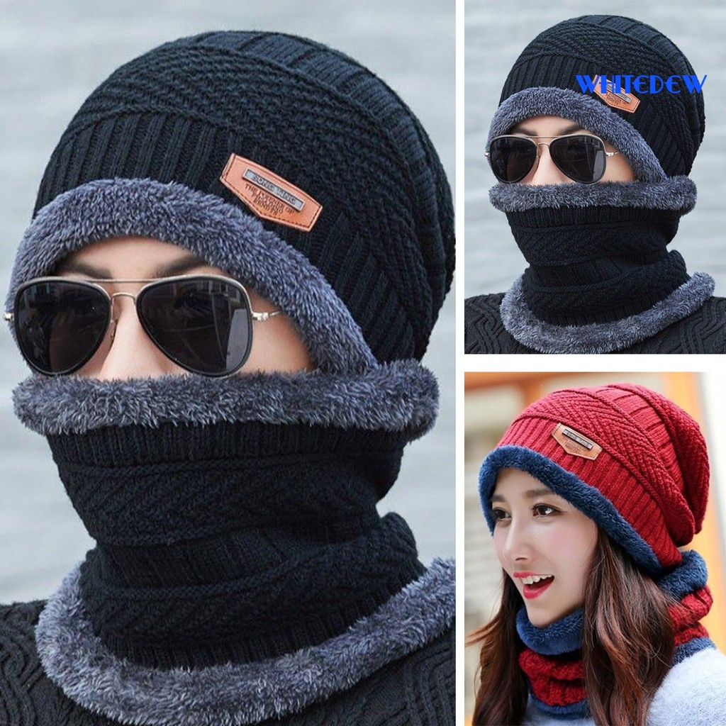 WHT-1 ชุด Unisex หมวกฤดูหนาวผ้าพันคอชุดหนา Soft Plush ถักยืดหยุ่น Anti-slip คอป้องกันเย็นทนกลางแจ้งเ