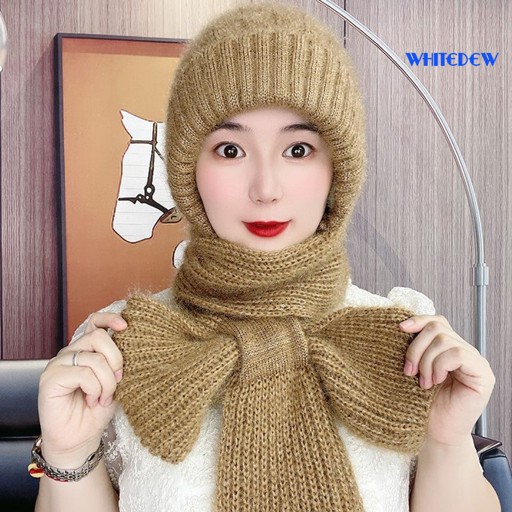 WHT-Ladies ฤดูหนาวแบบบูรณาการหมวกผ้าพันคอหนาถัก Warm Soft Cozy ยืดหยุ่นหูคอป้องกัน Windproof Pure สี