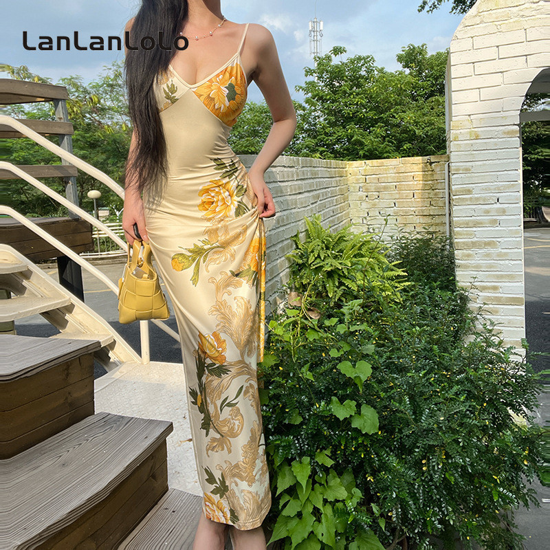 Lanlanlolo ผู้หญิง 2024 แฟชั่นพิมพ์เซ็กซี่ Slim Fit วันหยุดชุดยาว