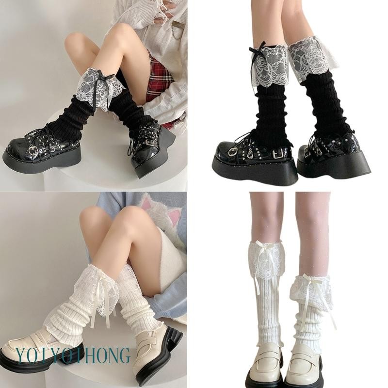 Yoioi Ribbed ถักขาอุ่นยาวลูกวัวถุงเท้าผู้หญิงญี่ปุ่น Ruffled ลูกไม้ Trim Bowknot Boot Cuffs ขา Stocki