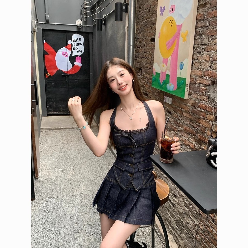 Retro Hot Girl Pleated Skirt Sleeveless Summer Fashion Tops Vest Suit New Denim Two-Piece Suit Skirt