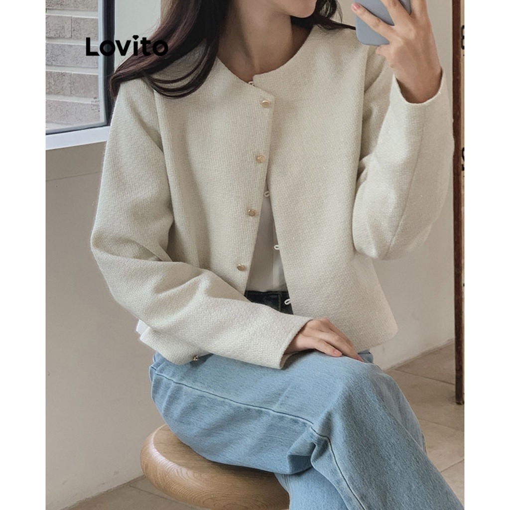 Lovito เสื้อจ็คเก็ตผู้หญิง มีกระดุม สีพื้น สไตล์ลำลอง LNE27191 (สีขาว)
