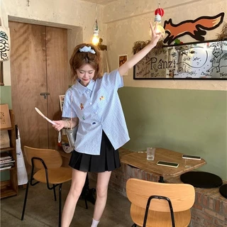 🌻Grace🌻 เสื้อแขนสั้นลายหมีน่ารัก เสื้อลายสก๊อตสีฟ้า ผ้าคอตตอนสวมใส่สบาย เสื้อผ้าสไตล์เกาหลี W439
