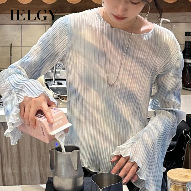 IELGY สีฟ้าเสื้อยืดผู้หญิงแขนทรัมเป็ตสลิมฟิตด้านบน