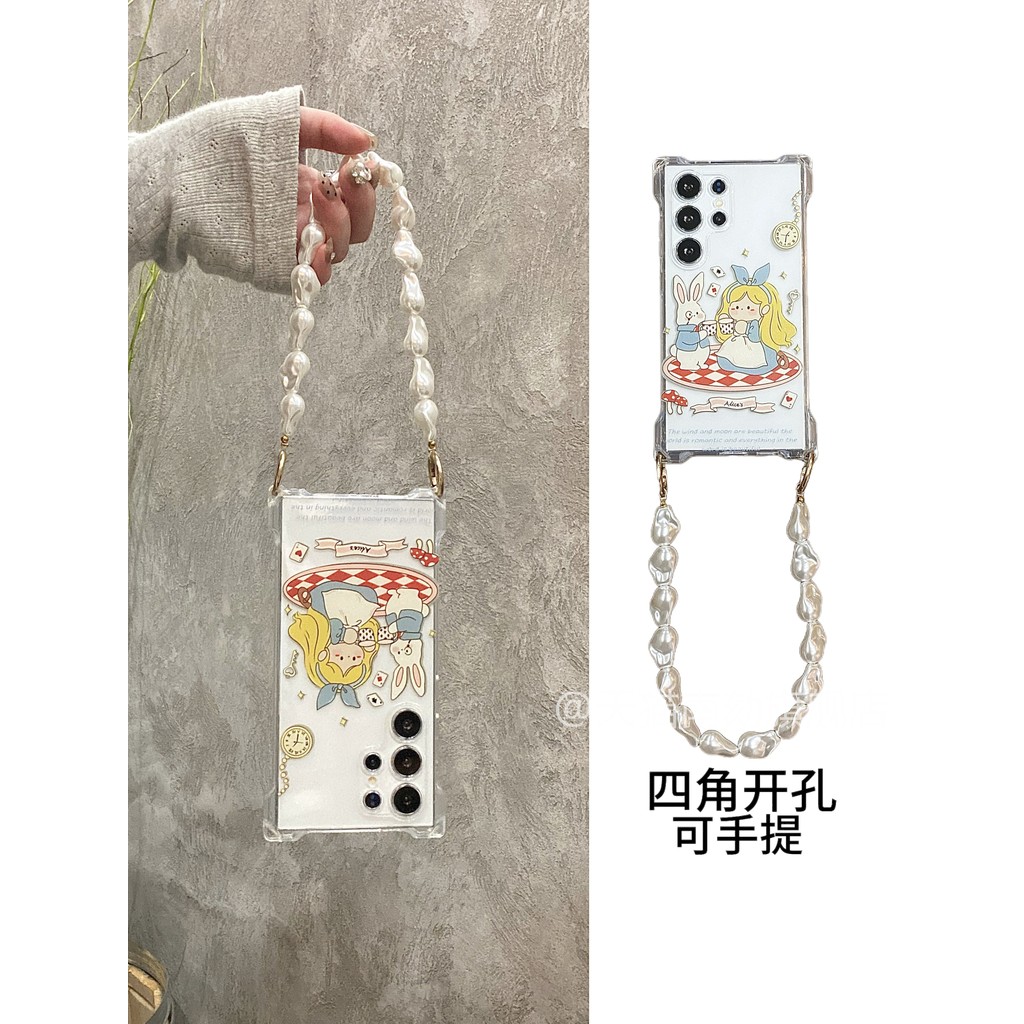 เหมาะสําหรับ Samsung s24ultra เคสโทรศัพท์ s23fe โปร่งใสเป็น 23 + plus สิบสาวหัวใจ 5g พร้อมจี้สายรัดข้อมือแบบพกพา Lanyard s23u สี่มุมแขวนรูน่ารัก Alice นุ่มรวมทุกอย่างสาว