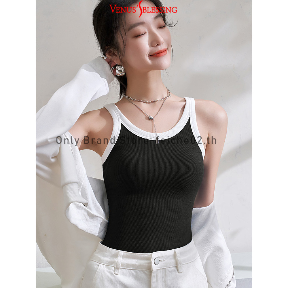 Casual Patchwork Contrast Binding tank top สําหรับเสื้อกั๊กด้ายแผ่นรองหน้าอกในตัวสีดําสีขาวพร้อมแผ่นรองหน้าอกด้านนอกสวมเสื้อกล้ามด้านหลังที่สวยงาม ราคา ถูกที่สุด ดีลบีเคเค แกลเลอรีภาพที่ 9