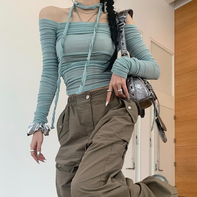 Kliou เสื้อกั๊กไม่มีสายหนังลําลองหนึ่งไหล่แขนยาว Skinny Solid บุคลิกภาพ Hot Chick อเนกประสงค์ Street บรรยากาศสไตล์ 2024 ร้อนใหม่