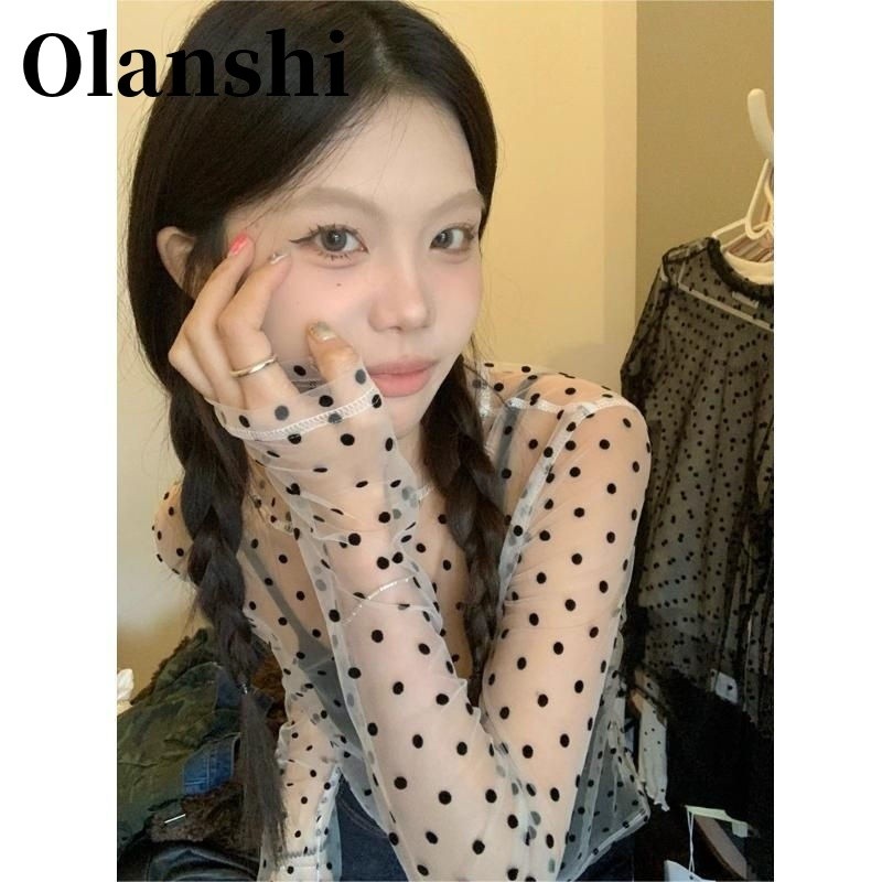 ราคาพิเศษ! เสื้อตาข่าย F & X olanshi เสื้อยืดซีทรูลายจุดแบบซีทรูสำหรับผู้หญิงหน้าร้อนเสื้อสวมหัวทรงหลวมเซ็กซี่