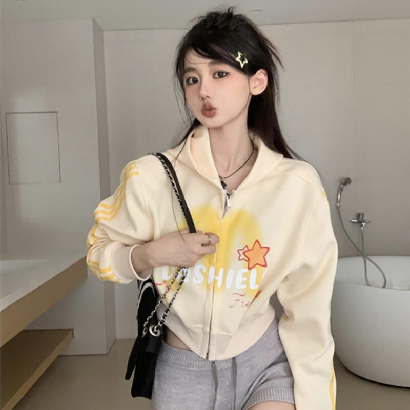 Solovely สไตล์เกาหลี แขนยาว สั้น แจ็คเก็ต หลวมๆ เสื้อโค้ท พิมพ์ลาย โอเวอร์ไซส์ ฮู้ด