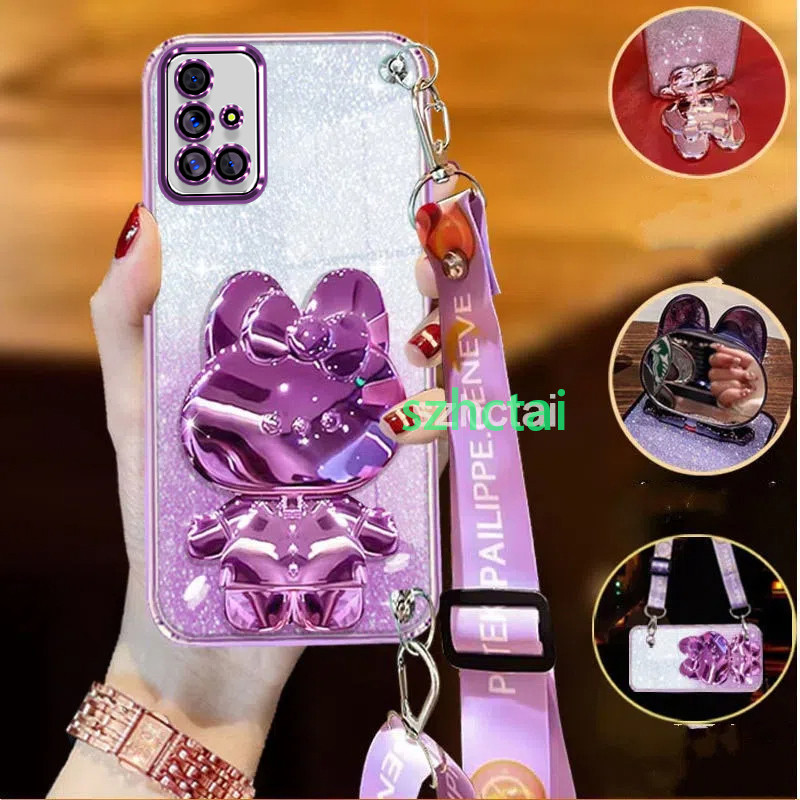 เคสโทรศัพท์ Samsung A51 A71 M51 สายคล้องคอ เคสโทรศัพท์หรูหรา ความงาม กระจกการ์ตูนวงเล็บป้องกันเคสกัน