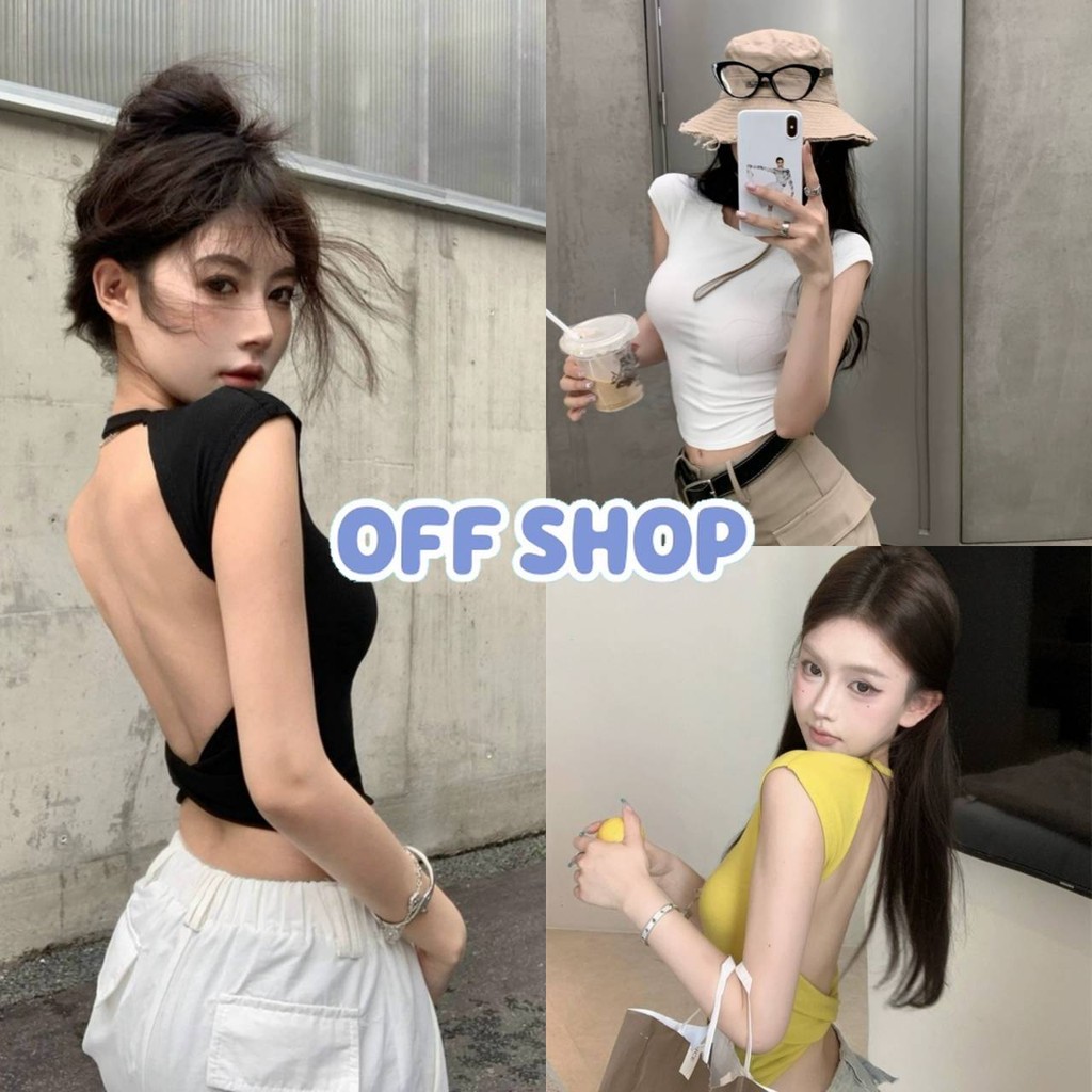 OFF SHOP 🥻เสื้อครอปไหมพรมแขนสั้น เว้าหลัง มีฟองน้ำ ยืดตามตัวคาวาอี้ -FY5037