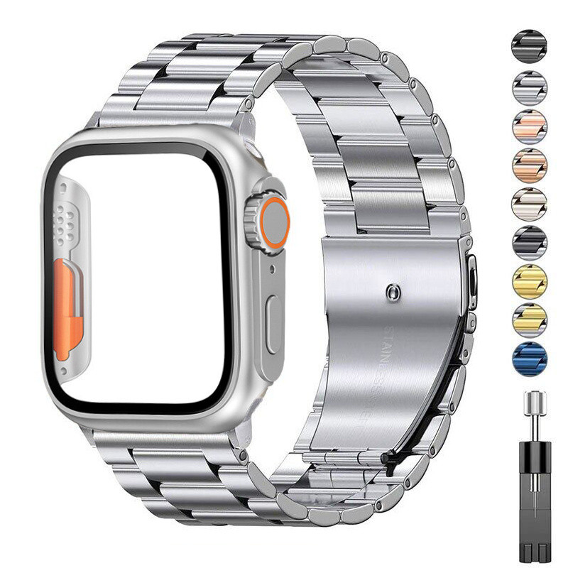 สายสแตนเลส+เคส เหมาะสําหรับสาย Apple 45 มม.41 มม.40 มม.44 มม.38 มม.42 มม.I-Watch สายโลหะ 9 8 7 6 5 SE กลายเป็นเคสพิเศษและสาย