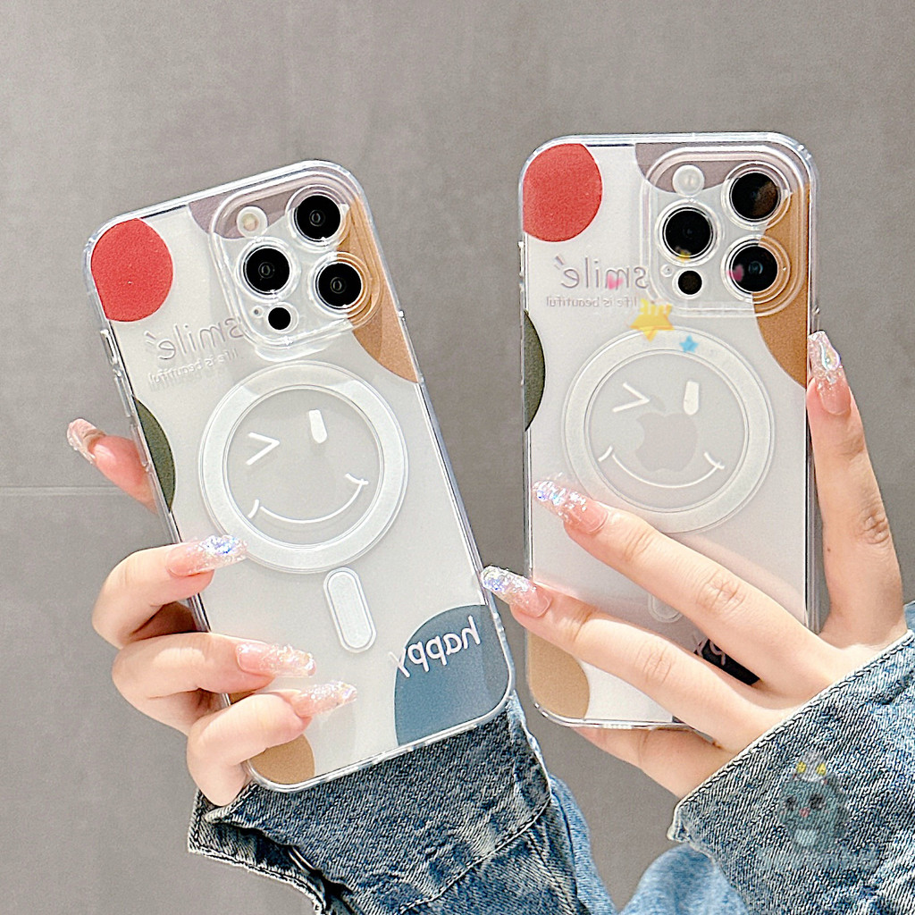 Happy Smile Line สีสัน High-end สไตล์แม่เหล็กโปร่งใสเคสโทรศัพท์สําหรับ iPhone 11 12 13 14 15 Pro Xr X Xs Max 7 8 Plus INS แฟชั่นเรียบง่ายเกาหลี Soft TPU ฝาครอบป้องกัน