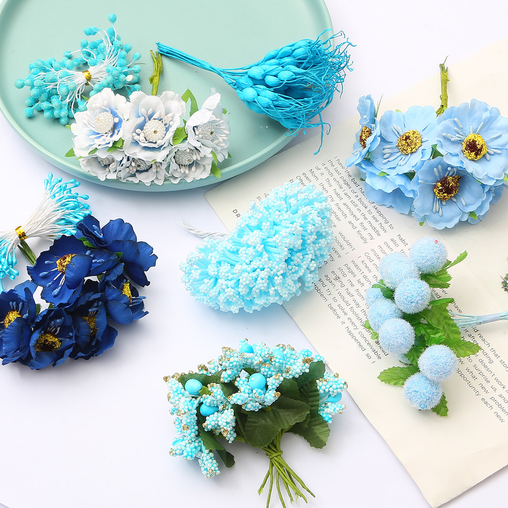 Blue Series Articial ดอกไม้ Cherry Stamen Berries Bundle DIY เค้กคริสต์มาสงานแต่งงานหน้าแรกพวงหรีดตกแต่ง