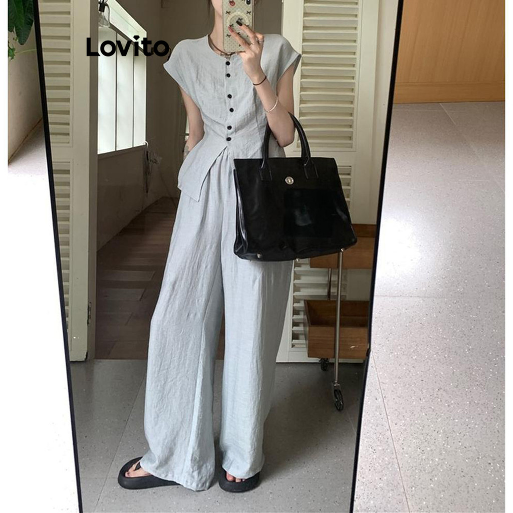 Lovito ชุดกางเกงกระดุมธรรมดาสำหรับผู้หญิง LNM67221