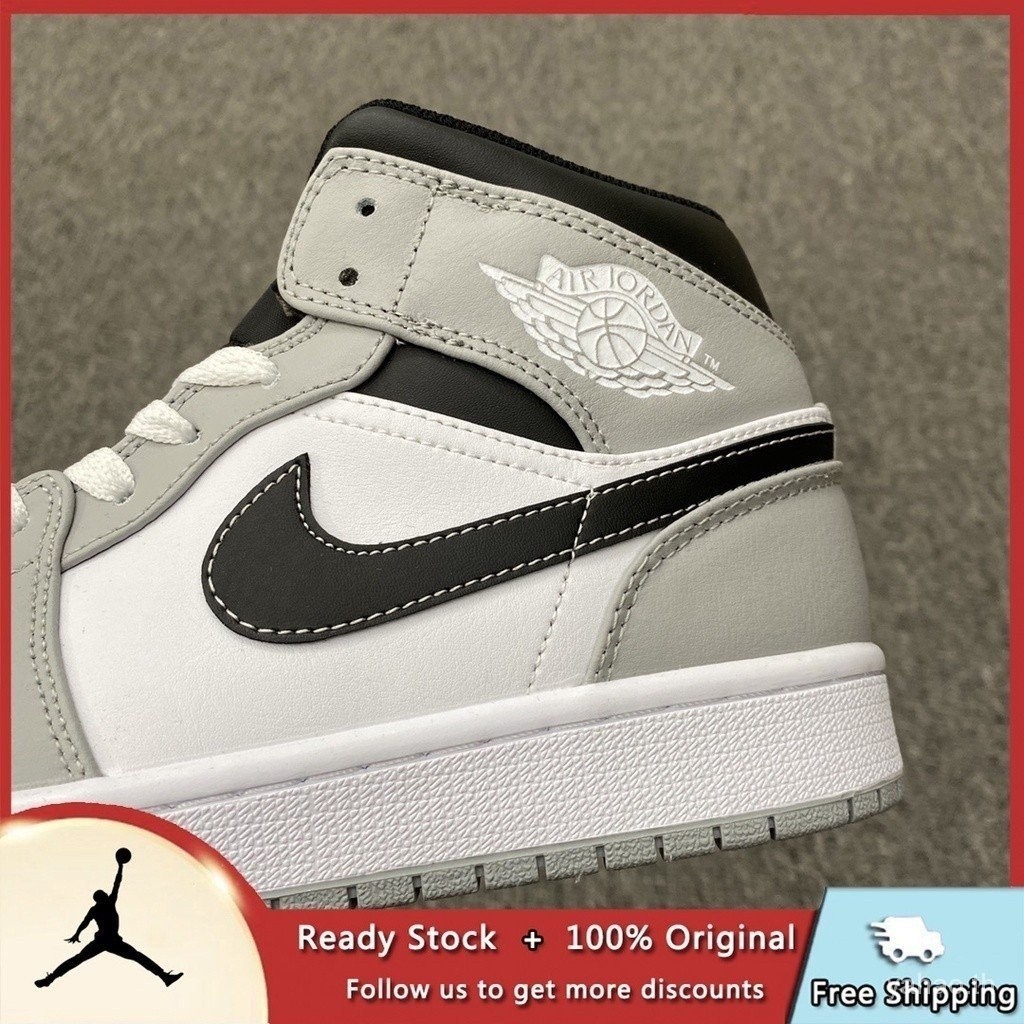 NK AIR JORDAN 1 MID SE Light SMOKE Grey AJ1ผู้ชายรองเท้าวิ่งผู้ชายและผู้หญิงรองเท้ากีฬาจริง2023 1PUL