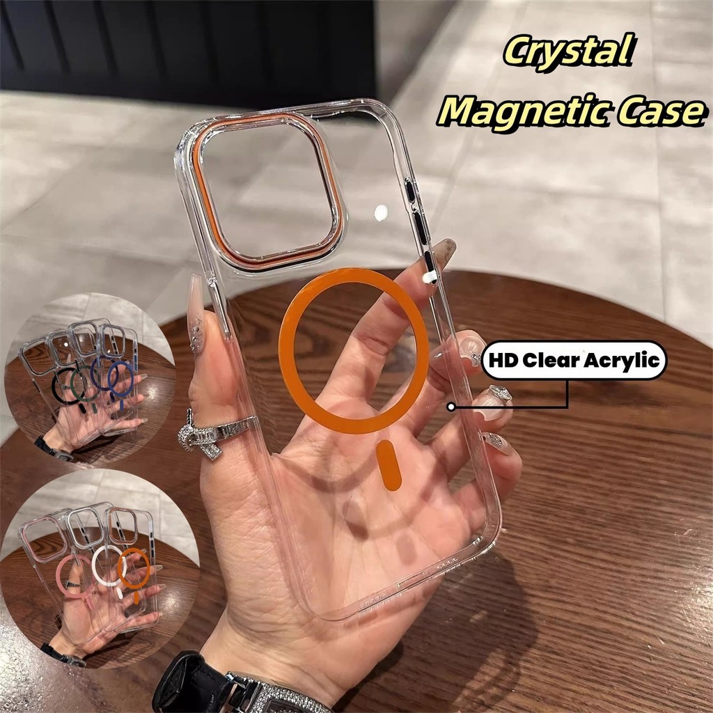 คริสตัลแม่เหล็กใสเคสโทรศัพท์สําหรับ iPhone 16 15 Pro Max 14 13 12 Pro Max แหวนแม่เหล็กสีสันสดใส PC เคสแข็ง