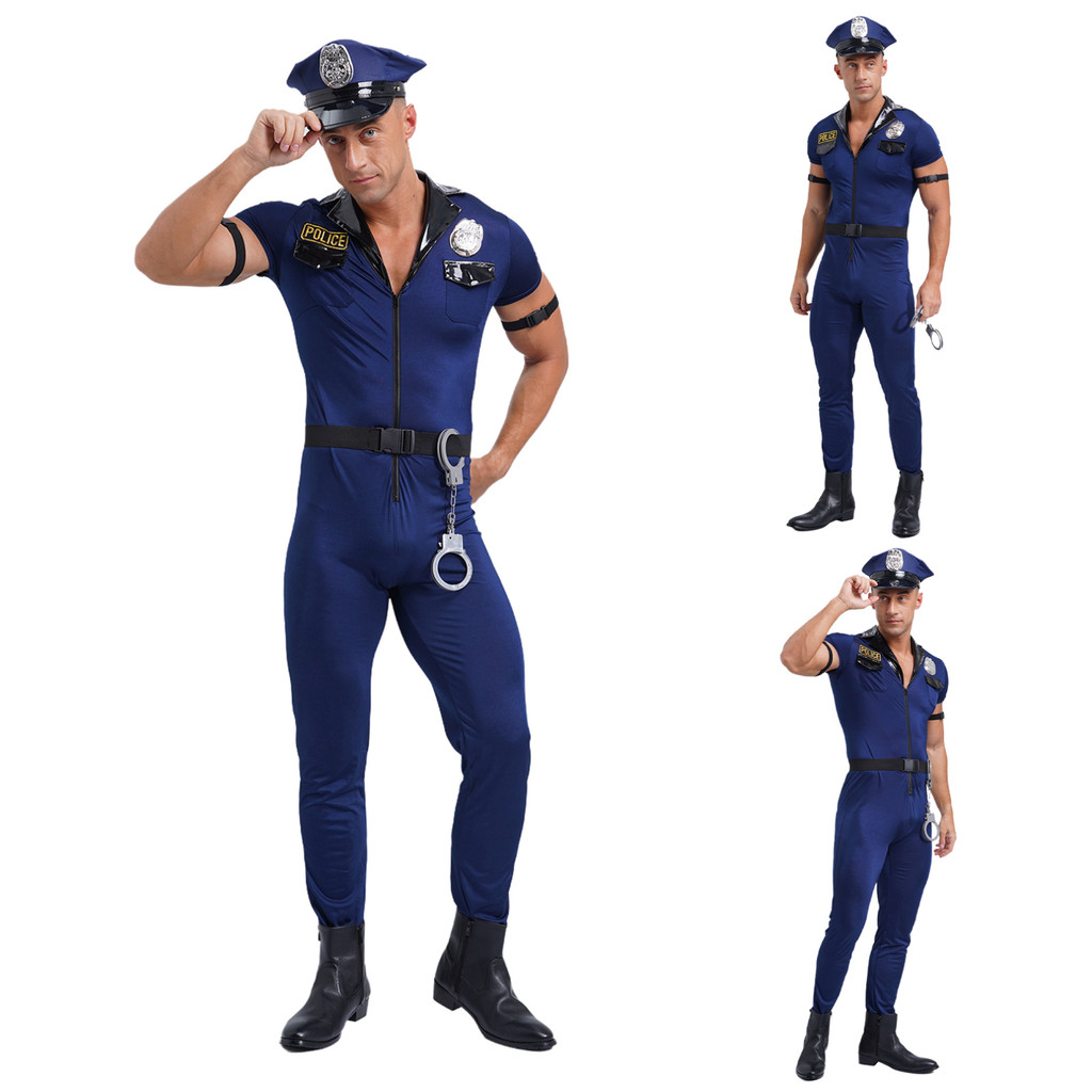 Mens ตํารวจคอสเพลย์ฮาโลวีนเครื่องแต่งกายด้านหน้าซิป Jumpsuit หมวกหมวกเข็มขัด Manacles Badge ชุด Cop ชุดคอสเพลย์
