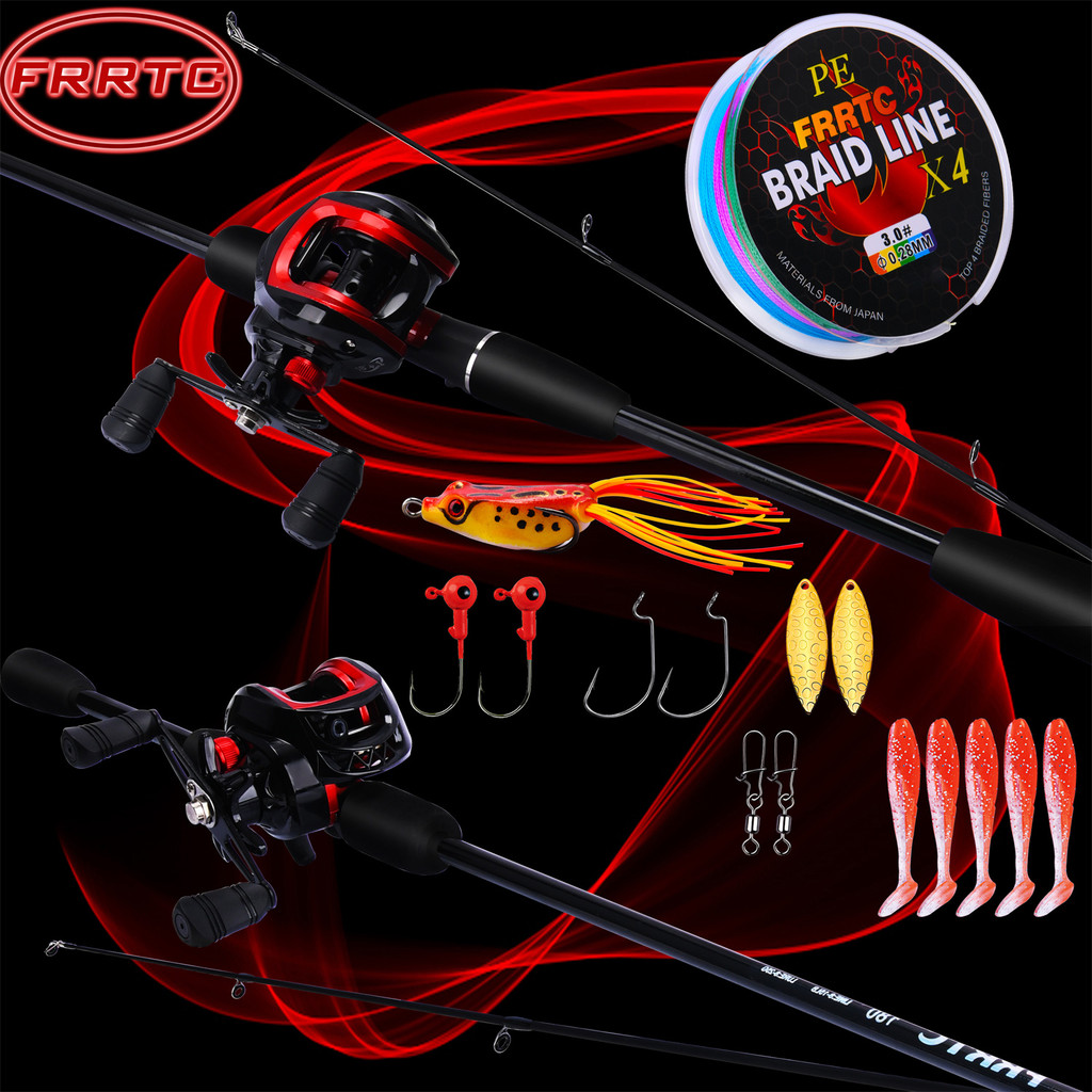FRRTC ชุดอุปกรณ์ตกปลาแบบเหวี่ยง คันเบ็ด 2 ส่วน และ ชุดรอกเบทคาสติ้งสีแดง พร้อมเหยื่อล่อสายตกปลา