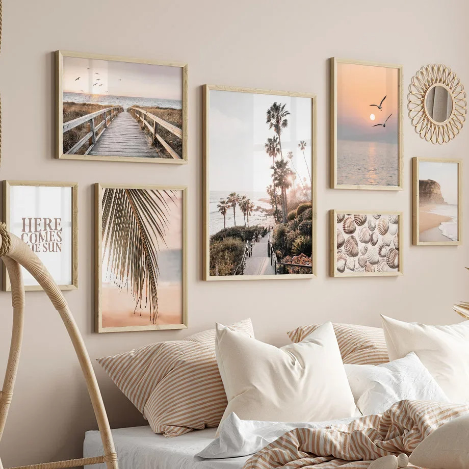 (พร้อมกรอบ) Sunset Beach Coconut Tree Bridge Shell Bird Wall Art รูปภาพห้องนั่งเล่นตกแต่งภาพวาด Nordic โปสเตอร์พิมพ์