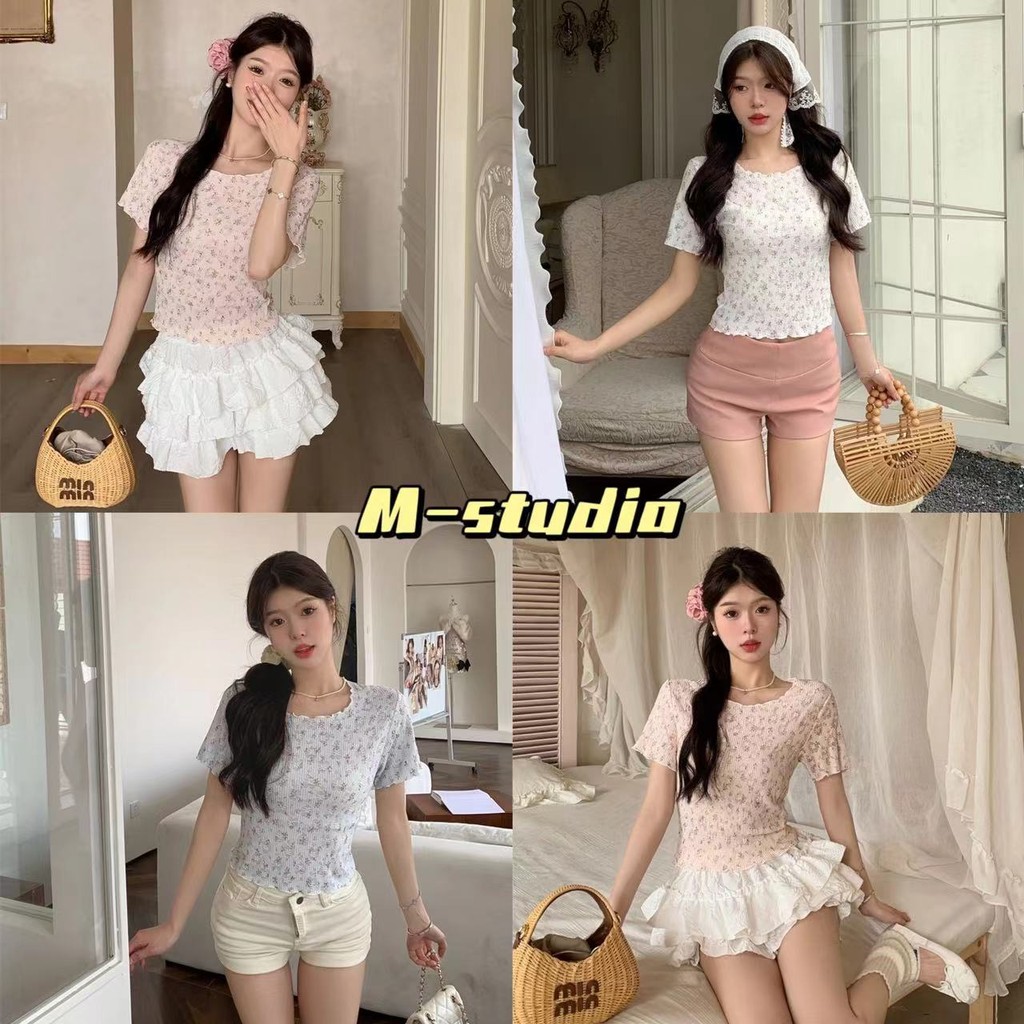 Maze พร้อมส่ง เสื้อยืดแขนสั้นลายดอก ผ้านุ่มมาก แต่งขอบหยัก สีสวยน่ารัก(83116)