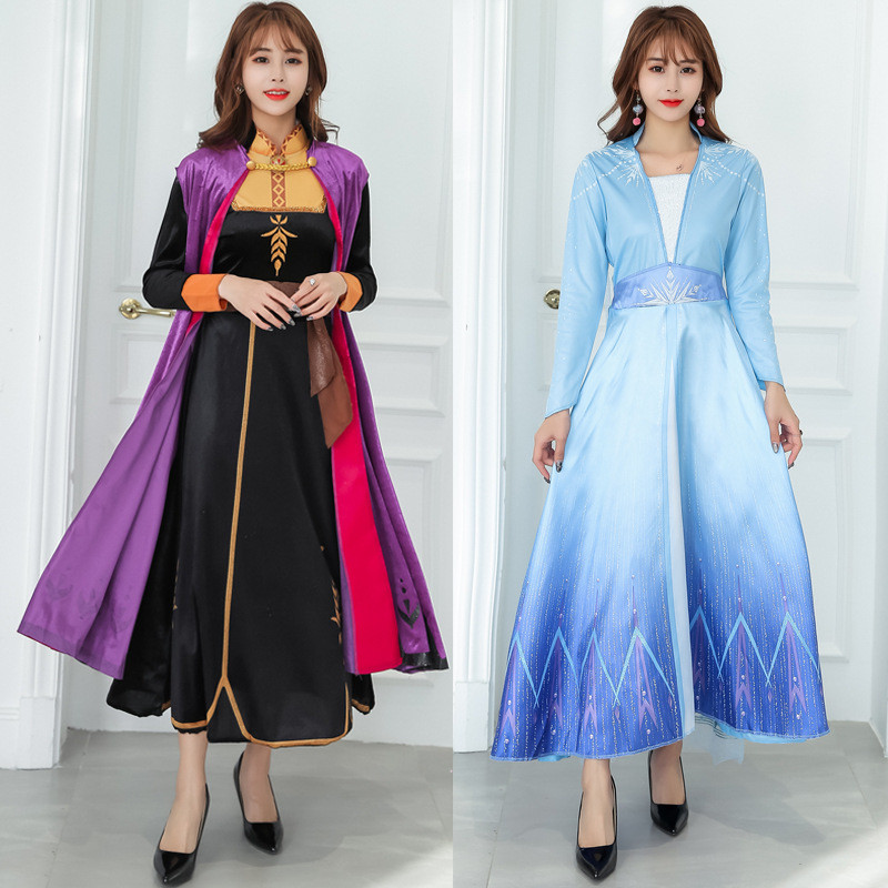 ใหม่คอสเพลย์ราชินีหิมะผู้ใหญ่เอลซาชุดเครื่องแต่งกายฮาโลวีนคอสเพลย์เอลซาแอนนาเครื่องแต่งกายเจ้าหญิงราชินีน้ําแข็งชุดเต็มช