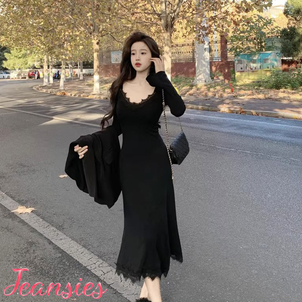 เดรสลูกไม้ใส่ในช่วงฤดูหนาว สีดำ สไตล์หรูหรา แบบปลายบาน