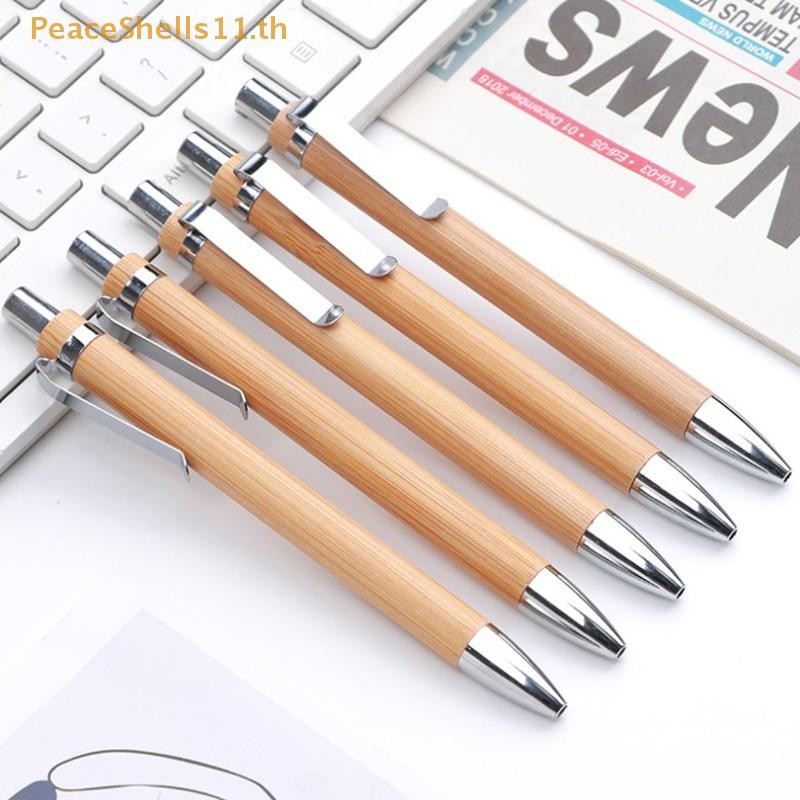 PeaceShells 10 ชิ้นชุดไม้ไม้ไผ่ปากกาลูกลื่น 1.0 มม.ปลายสีฟ้าสีดําหมึกสํานักงานโรงเรียน Wrig เครื่องเขียนธุรกิจคลิป Sig ปากกา TH