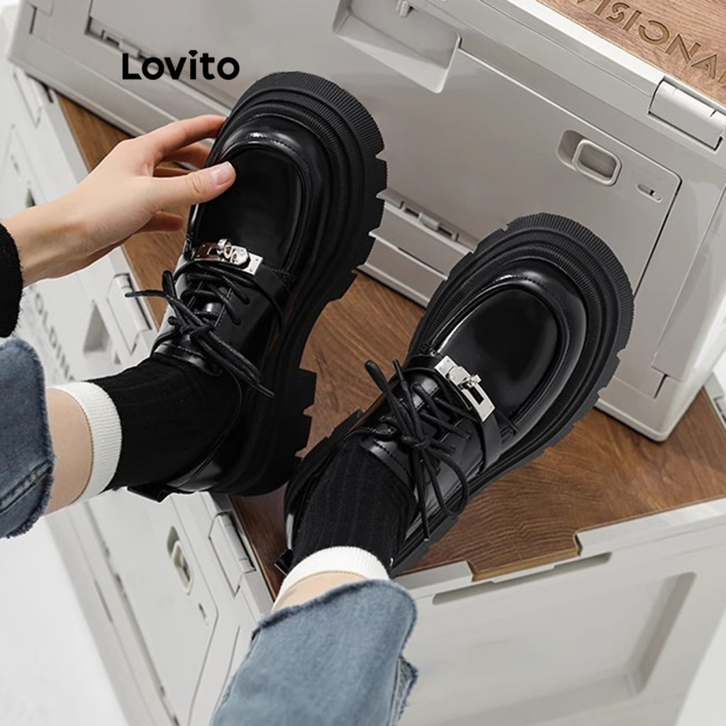 Lovito รองเท้าโลฟเฟอร์แบบผูกเชือกหนาสำหรับผู้หญิง LFA46045