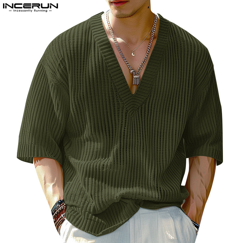 ไม่แน่นอน ผู้ชายแฟชั่นเกาหลีหลุม-ลายคอวีครึ่งแขนเสื้อยืดหลวม