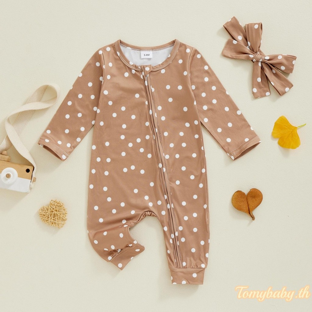 Tomybaby-เด็กทารกromperแฟชั่นพิมพ์ซิปแขนยาวjumpsuits + แถบคาดศีรษะน่ารักชุดฤดูใบไม้ร่วง