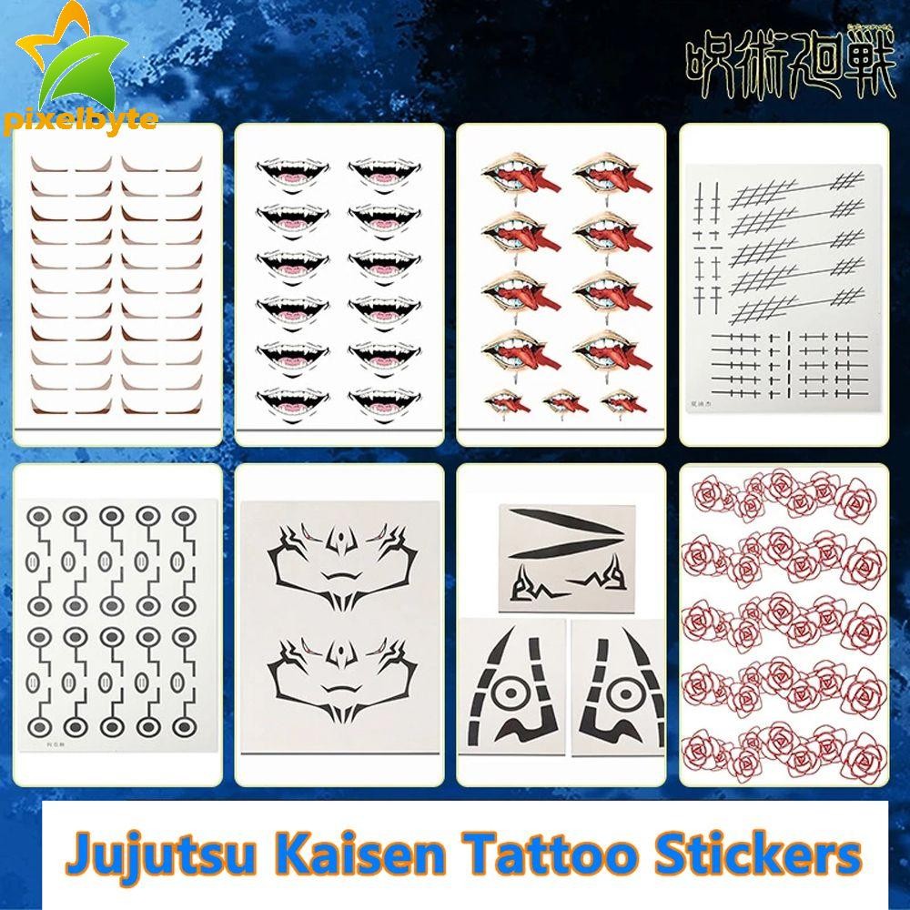 Pixelbyte อะนิเมะสติกเกอร์รอยสักผู้ชายผู้หญิงคอสเพลย์ Prop Jujutsu Kaisen Toge Inumaki Face สักปลอม