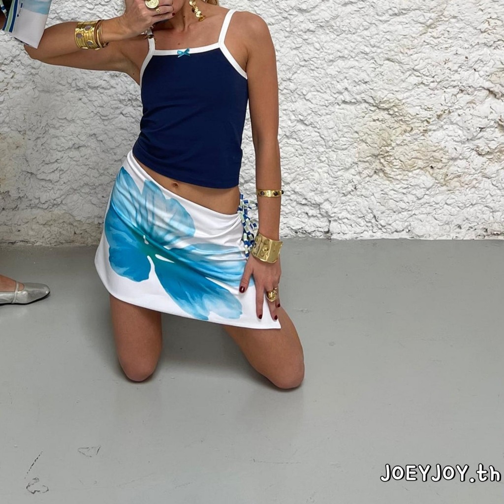 Joeyjoy-กระโปรงสั้นทรงเข้ารูปผูกย้อมผู้หญิง เอวต่ำ ผ่าข้าง กระโปรงเข้ารูป - รูปที่ 4