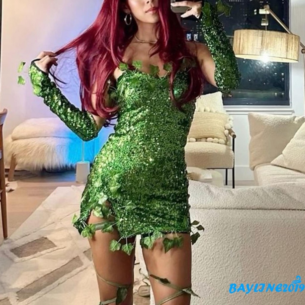 Bay-ดีลักซ์สีเขียว Ivy เครื่องแต่งกายสําหรับผู้หญิงแขนกุดปลอมใบเลื่อมชุดถุงมือชุด