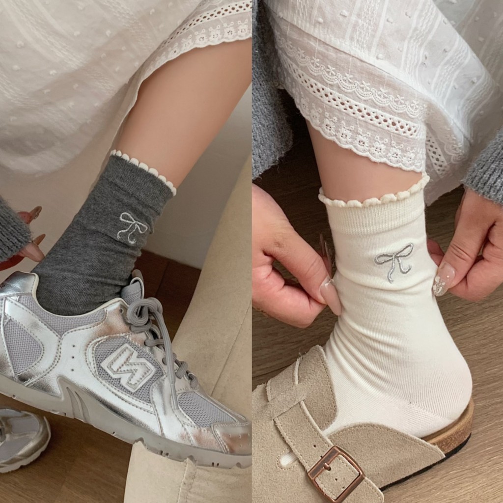 ถุงเท้าข้อสั้นสไตล์ Miu สำหรับผู้หญิงในฤดูใบไม้ผลิและฤดูใบไม้ร่วง ถุงเท้าผ้าฝ้ายแท้ทรงท่อกลาง - รูปที่ 3