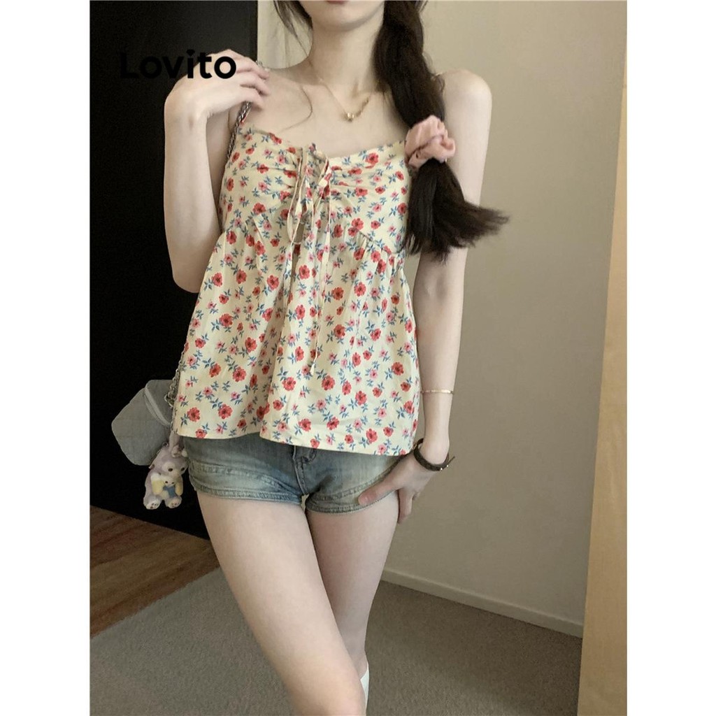 Lovito เสื้อกล้ามโบว์ลายดอกไม้ ดิทซี่ หรูหราสง่างามสำหรับผู้หญิง LNE75650