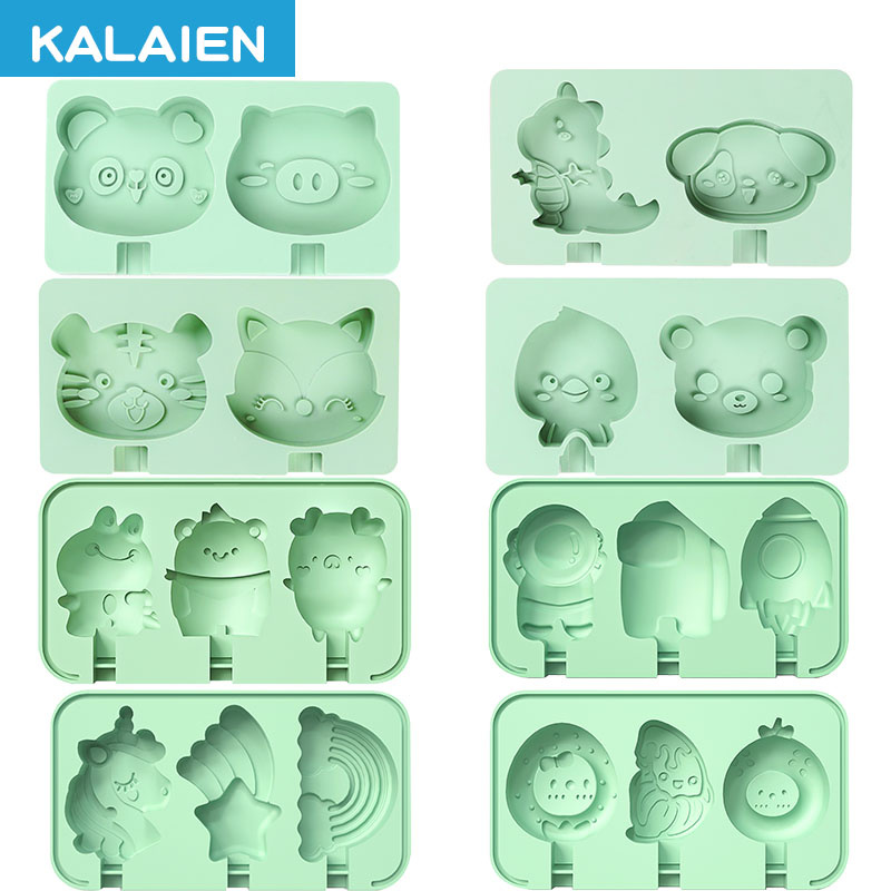 Kailaen 2/3 หลุมรูปการ์ตูนไอศกรีม Mould DIY เบเกอรี่ซิลิโคน Mould เด็ก Popsicle แม่พิมพ์ Non-Stick Easy Release สัตว์,Space,ผลไม้หลายรูปแบบ