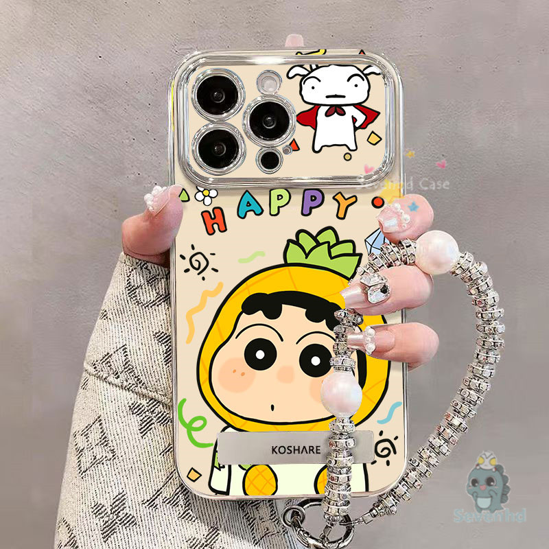 เคสโทรศัพท์ + วงเล็บ + เชือกเส้นเล็กสําหรับ ไอโฟน 11 16 15 14 13 12 มือโปร เอ็กซ์อาร์ X Xs สูงสุด 7 8 6 บวก สับปะรดหมวกเครยอนชินจังปลอกหรูหราคมชัดหน้าต่างกันกระแทกป้องกันปกหลัง