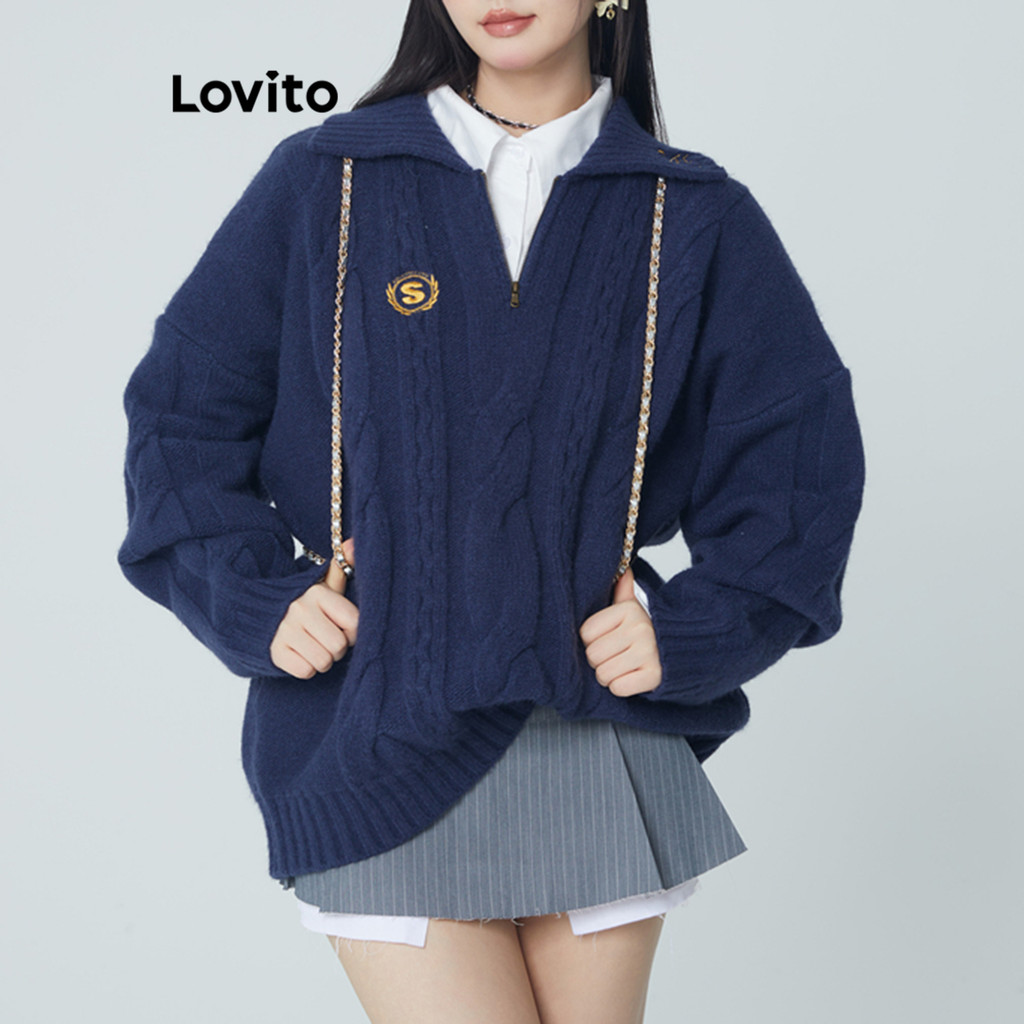 Lovito เสื้อกันหนาวซิปธรรมดาสำหรับผู้หญิง LNA74375