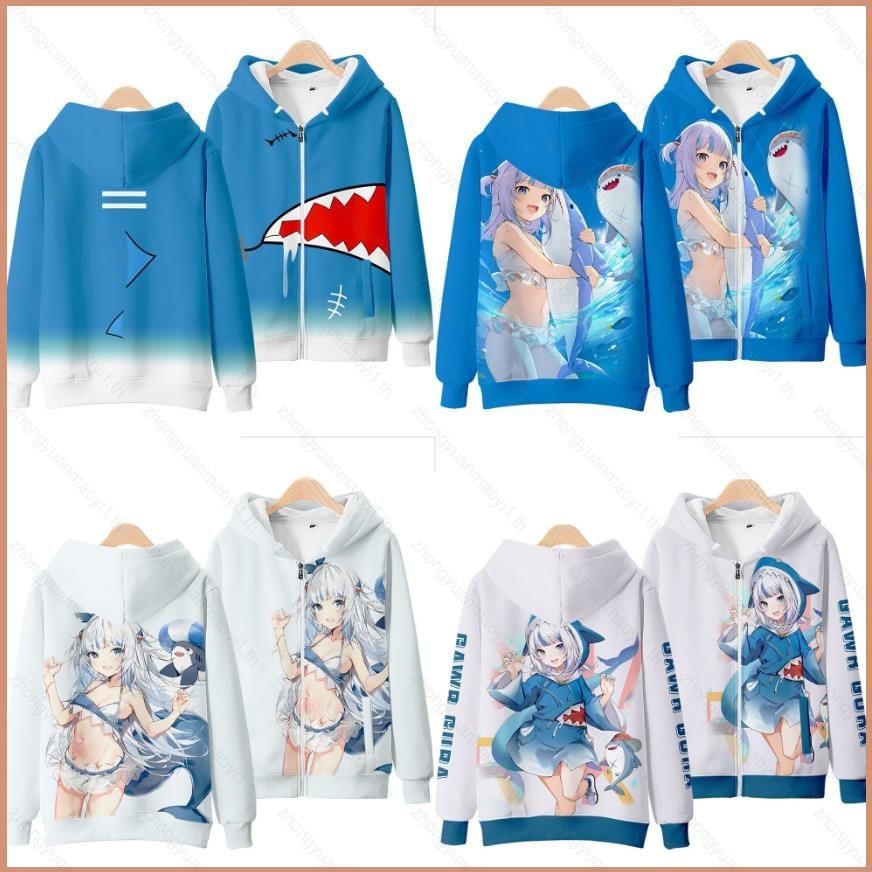Hololive Gawr Gura เสื้อแจ็คเก็ต Unisex เสื้อแขนยาวซิปเสื้ออะนิเมะOuterwearลําลองหลวมPlusขนาด