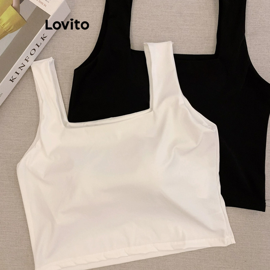 Lovito เสื้อกล้ามลําลองสีพื้นสําหรับผู้หญิง LNE36022 (สีขาว/สีดํา)