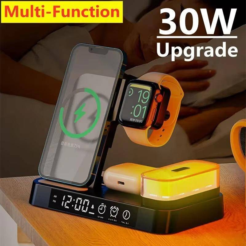 30w 3 In 1 Wireless Charger Stand Pad นาฬิกาปลุก Night Light Fast Charging Station Dock สําหรับโทรศัพท์ Samsung Galaxy นาฬิกา IWatch