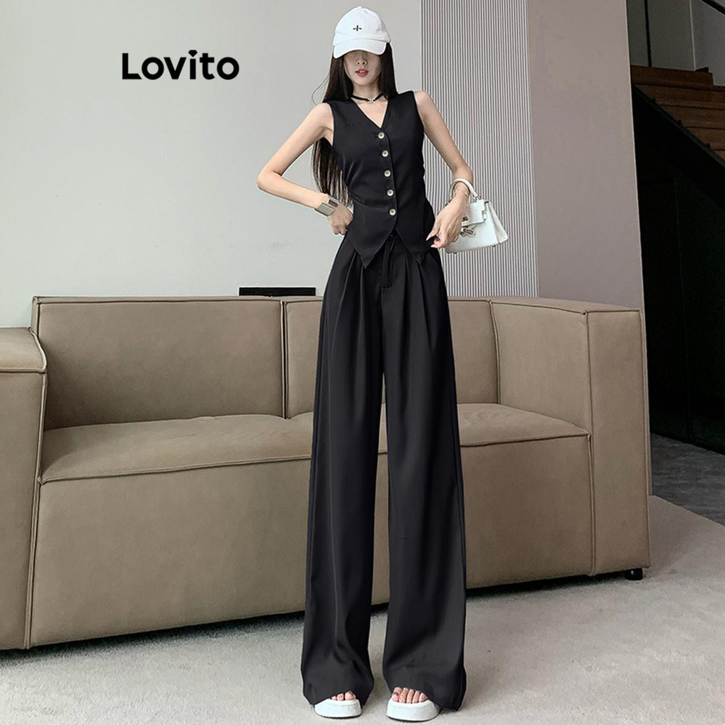 Lovito ปุ่มธรรมดาที่สง่างามโครงสร้างสายกางเกงสำหรับผู้หญิง LNE75069