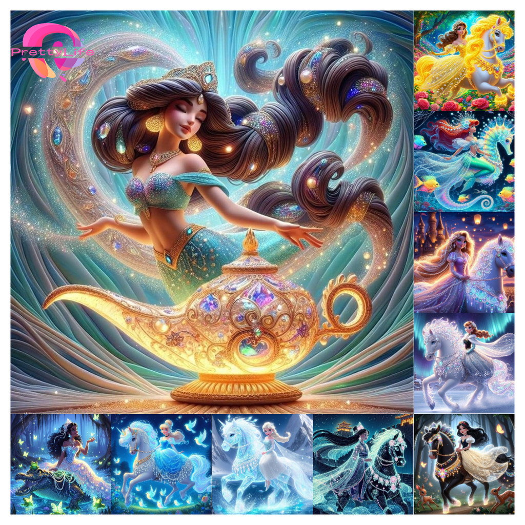PLGlowing Princess 5D เพชรจิตรกรรมชุดคริสตัล Cross Stitch Full Diamond Home Wall ตกแต่ง 30x30 ซม./40x40 ซม./50X50 ซม.