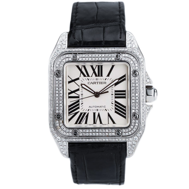 Cartier [ใหม่] Cartier Santos Steel Rear Diamond Automatic Mechanical Watch Mens W20073X8