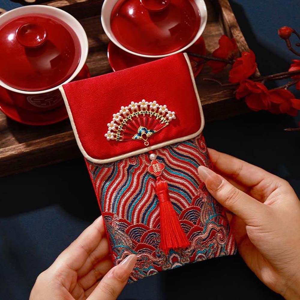 Fitnessfactory ซองจดหมายสีแดงโบรเคดเทศกาลฤดูใบไม้ผลิคําอวยพรปีใหม่ 2025 กระเป๋าเงิน, HongBao ผ้าโบรเคดพู่เย็บปักถักร้อยปีใหม่กระเป๋าเงินงานแต่งงานจีน
