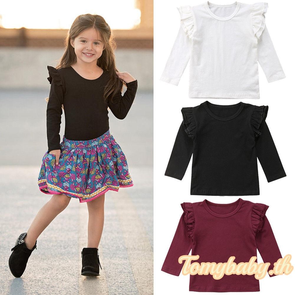 ทอมมี่เบบี้-เด็กสาวแขนยาวด้านบนสีทึบนัวเนียออกแบบเสื้อยืดสําหรับฤดูใบไม้ร่วงและฤดูใบไม้ผลิ