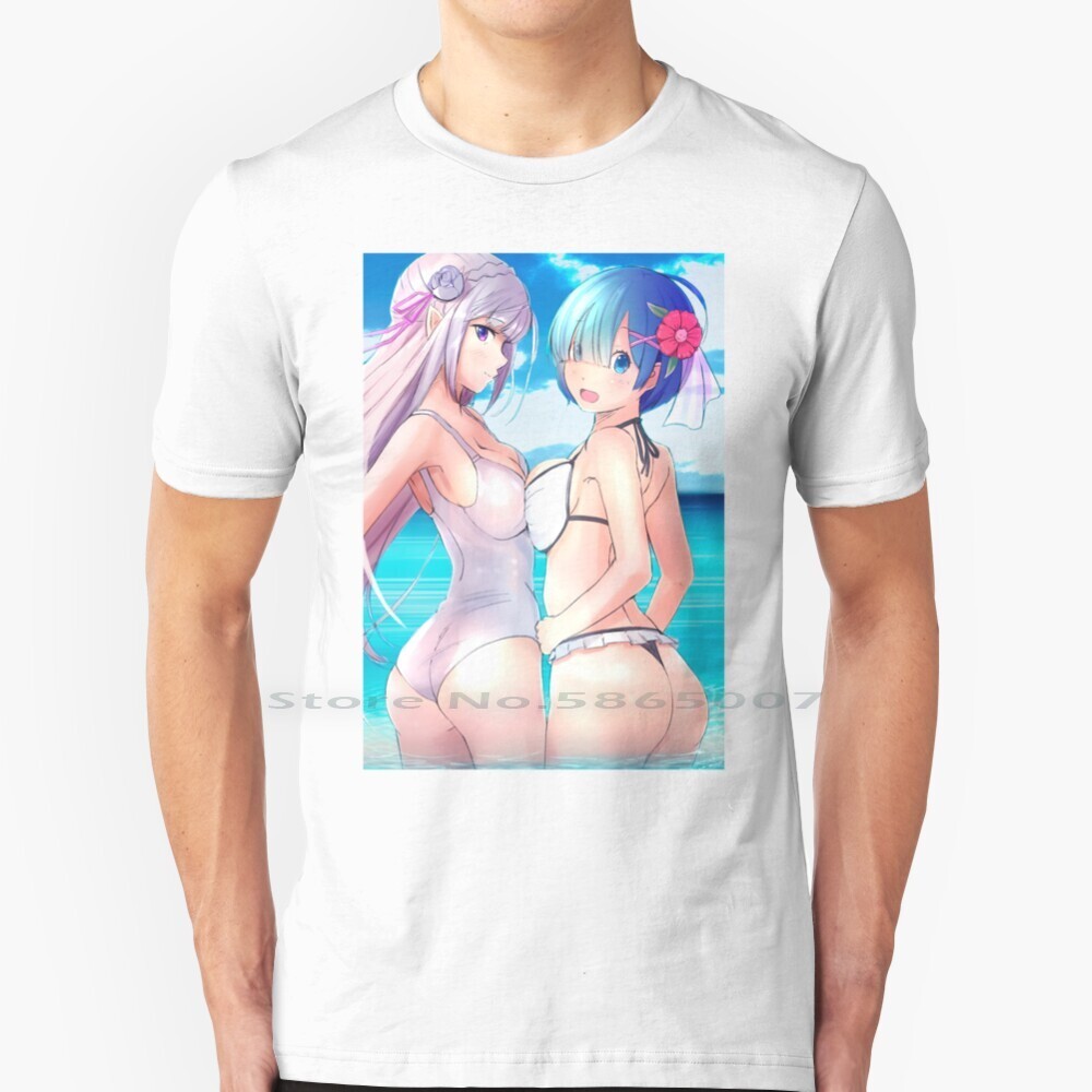 Rem & Rem Bikini-Re : Zero T เสื้อ 100% Cotton Rem Waifu Rem Re Zero Emilia Waifu Emilia Re Zero Emi
