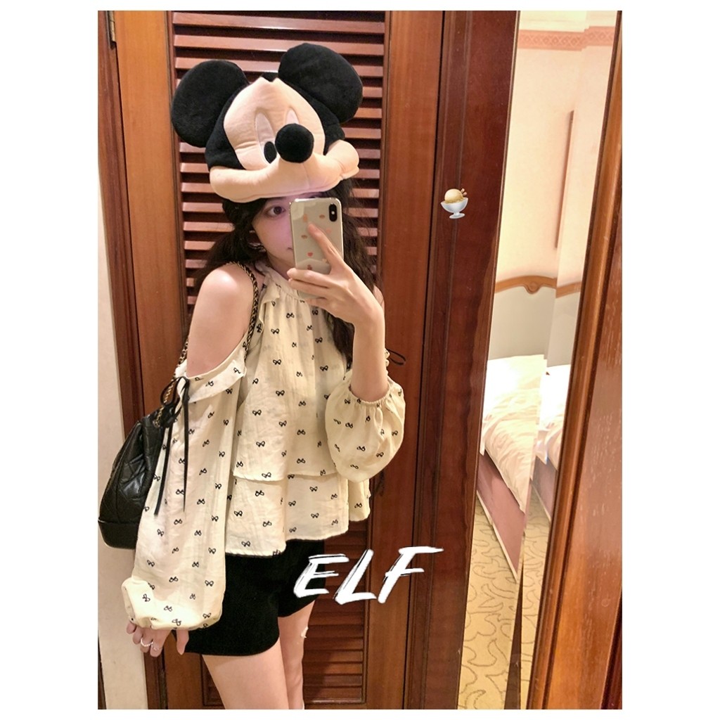 ปิดไหล่ด้านบนผู้หญิงฤดูร้อนโบว์หลวมพิมพ์สาวสไตล์เสื้อแขนสั้นเสื้อแขนยาว